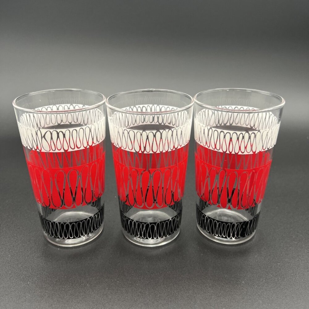 VTG MCM Anchor Hocking Set of 3 Glasses Red White Black Ribbon Squiggle 4 3/4" - Picture 2 of 8